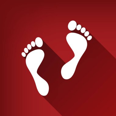 Ayak işareti yazdırır. Vektör. Yakut kırmızı arka plan, sınırsız gölge beyaz simgesi.