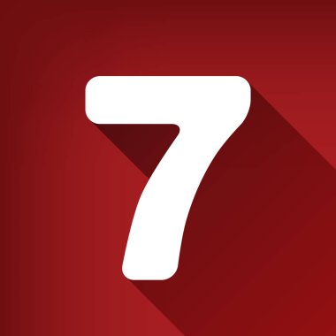 7 numaralı işaret tasarım şablonu öğesi. Vektör. Yakut kırmızı arka plan, sınırsız gölge beyaz simgesi.