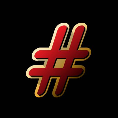 Hashtag işareti illüstrasyon. Vektör. Küçük siyah ve sınırsız gölgeler, siyah zemin üzerine altın etiket ile kırmızı simge.