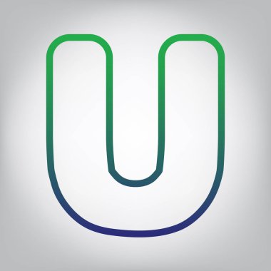 U harfi işareti şablon öğesi tasarım. Vektör. Yeşil ışık Center'da grimsi arka plan mavi degrade kontur simgesine.