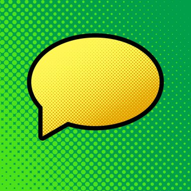 Konuşma balonu simgesinin. Vektör. Pop sanat turuncu yeşilimsi arka plan, siyah kontur ile sarı noktalar-gradient simgesine.