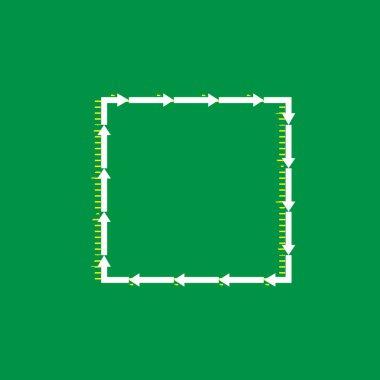 Bir kare şekli üzerindeki oku. Vektör. Yeşil arka plan, sarı çizgili gölge beyaz düz simgesi.
