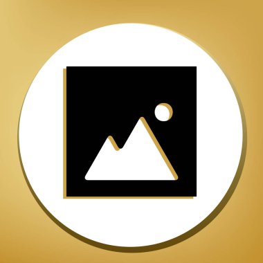 Görüntü illüstrasyon işareti. Vektör. Beyaz daire şeklinde yüzük, altın arka plan ile hafif kahverengi gölgeli siyah simgesi.