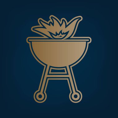 Yangın işareti ile barbekü. Vektör. Simge ve koyu mavi arka plan, kenarlık.