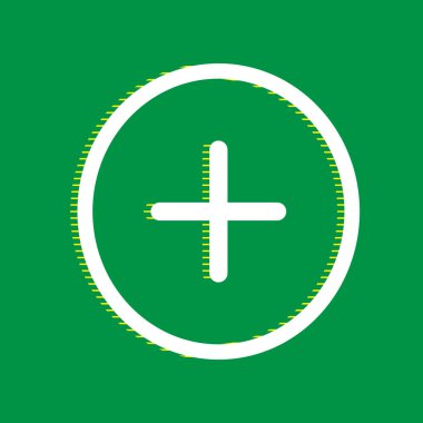 Pozitif sembol artı işareti. Vektör. Yeşil arka plan, sarı çizgili gölge beyaz düz simgesi.