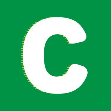 Harf C işareti şablon öğesi tasarım. Vektör. Yeşil arka plan, sarı çizgili gölge beyaz düz simgesi.