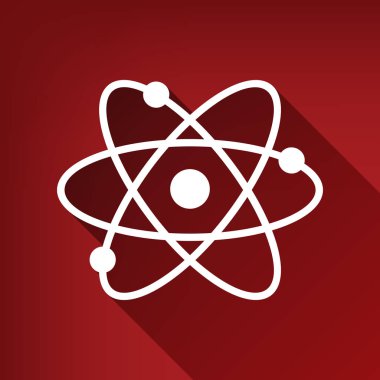 Atom işareti illüstrasyon. Vektör. Yakut kırmızı arka plan, sınırsız gölge beyaz simgesi.