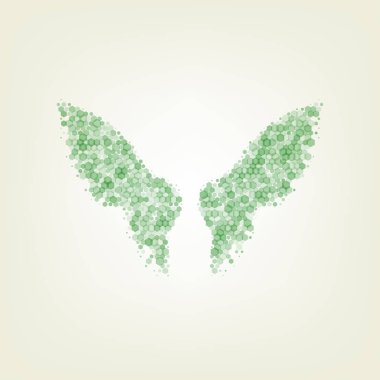 Kanatları illüstrasyon işareti. Vektör. Yeşil altıgen rastered simge ve noised opaklık ve boyut olarak merkezi ışık ile açık yeşil renkli.