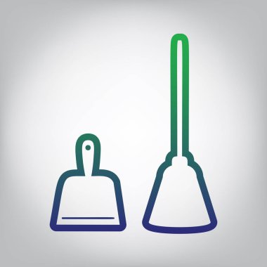 Faraş işareti. Çöp ev işi faraş ekipman temizleme için kepçe. Vektör. Yeşil ışık Center'da grimsi arka plan mavi degrade kontur simgesine.