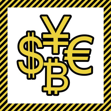 Para birimi koleksiyon doları, euro, bitcoin, yen oturum açın. Vektör. Sıcak sarı simge siyah kontur, beyaz arka plan yapım aşamasında adlý çerçeve ile. İzole.