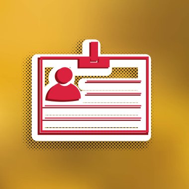 Kimlik kartı işareti. Vektör. Altın arka plan üzerinde siyah popart gölge koyu gölge, beyaz etiket ile kırmızı simge.