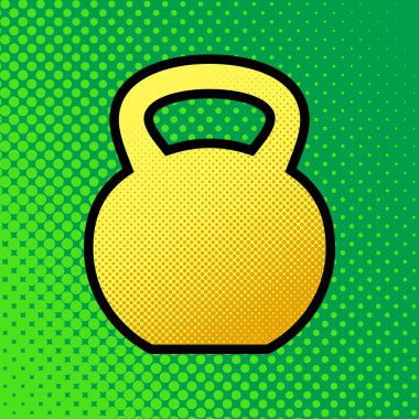 Fitness Dumbbell işareti. Vektör. Pop sanat turuncu yeşilimsi arka plan, siyah kontur ile sarı noktalar-gradient simgesine.