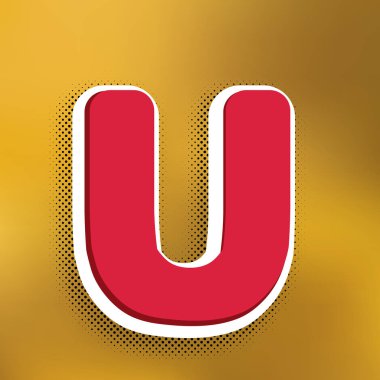 U harfi işareti şablon öğesi tasarım. Vektör. Altın arka plan üzerinde siyah popart gölge koyu gölge, beyaz etiket ile kırmızı simge.