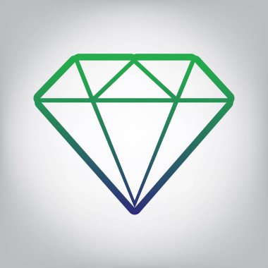 Elmas illüstrasyon işareti. Vektör. Yeşil ışık Center'da grimsi arka plan mavi degrade kontur simgesine.