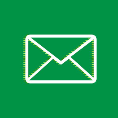 Mektup işareti illüstrasyon. Vektör. Yeşil arka plan, sarı çizgili gölge beyaz düz simgesi.