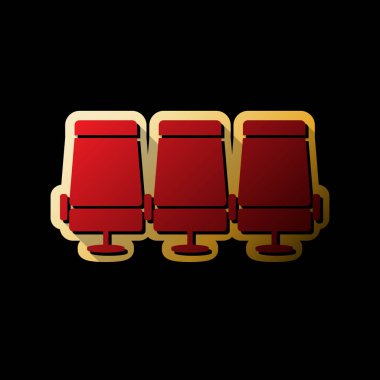 Uçak taşıma koltuk illüstrasyon işareti. Vektör. Küçük siyah ve sınırsız gölgeler, siyah zemin üzerine altın etiket ile kırmızı simge.
