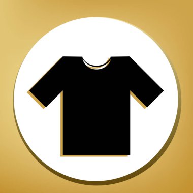 T-shirt işareti illüstrasyon. Vektör. Beyaz daire şeklinde yüzük, altın arka plan ile hafif kahverengi gölgeli siyah simgesi.