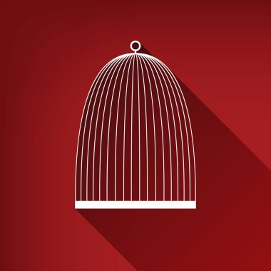 Kuş kafesi işareti. Vektör. Yakut kırmızı arka plan, sınırsız gölge beyaz simgesi.