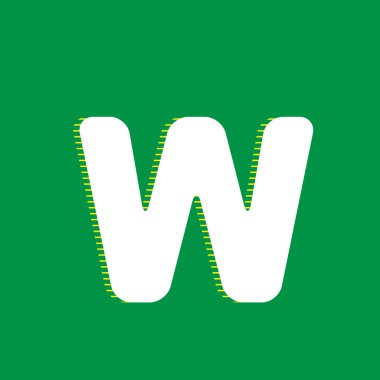 Harf W sign şablon öğesi tasarım. Vektör. Yeşil arka plan, sarı çizgili gölge beyaz düz simgesi.