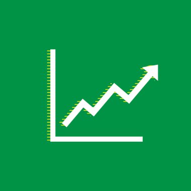 Çubuk grafik işareti büyüyen. Vektör. Yeşil arka plan, sarı çizgili gölge beyaz düz simgesi.