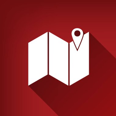 Harita üzerinde toplu iğne. Vektör. Yakut kırmızı arka plan, sınırsız gölge beyaz simgesi.