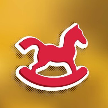 At oyuncak işareti. Vektör. Altın arka plan üzerinde siyah popart gölge koyu gölge, beyaz etiket ile kırmızı simge.