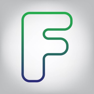 F harfi işareti şablon öğesi tasarım. Vektör. Yeşil ışık Center'da grimsi arka plan mavi degrade kontur simgesine.