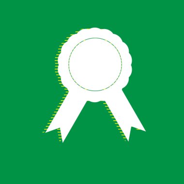 Etiket işareti kurdeleler. Vektör. Yeşil arka plan, sarı çizgili gölge beyaz düz simgesi.