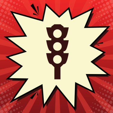 Trafik ışığı işareti. Vektör. Limon şifon çekim kabarcığın ışınları ile kırmızı popart arka plan, koyu kırmızı simge.