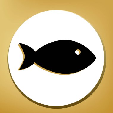 Balık illüstrasyon işareti. Vektör. Beyaz daire şeklinde yüzük, altın arka plan ile hafif kahverengi gölgeli siyah simgesi.