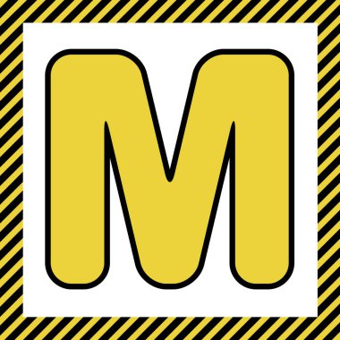 Harf M işareti şablon öğesi tasarım. Vektör. Sıcak sarı simge siyah kontur, beyaz arka plan yapım aşamasında adlý çerçeve ile. İzole.
