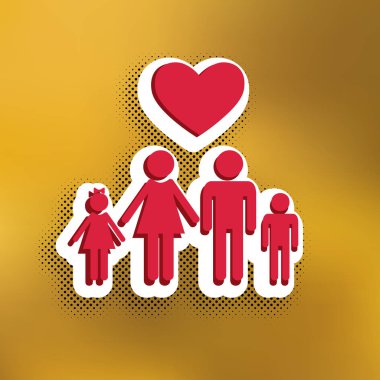 Aile simgesi kalp ile. Karı koca çocuk eller tutulur. Seviyorum. Vektör. Altın arka plan üzerinde siyah popart gölge koyu gölge, beyaz etiket ile kırmızı simge.