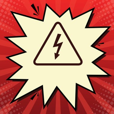 High voltage danger sign. Vector. Dark red icon in lemon chiffon shutter bubble at red popart background with rays. clipart