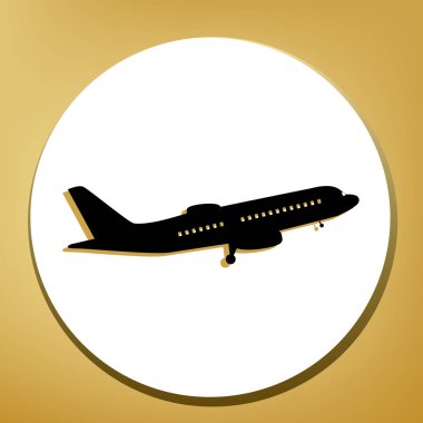 Uçan uçak işareti. Yan görünümü. Vektör. Beyaz daire şeklinde yüzük, altın arka plan ile hafif kahverengi gölgeli siyah simgesi.