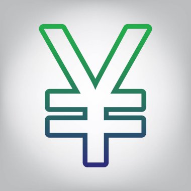 Yen işareti. Vektör. Yeşil ışık Center'da grimsi arka plan mavi degrade kontur simgesine.