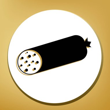 Sosis işareti illüstrasyon. Vektör. Beyaz daire şeklinde yüzük, altın arka plan ile hafif kahverengi gölgeli siyah simgesi.