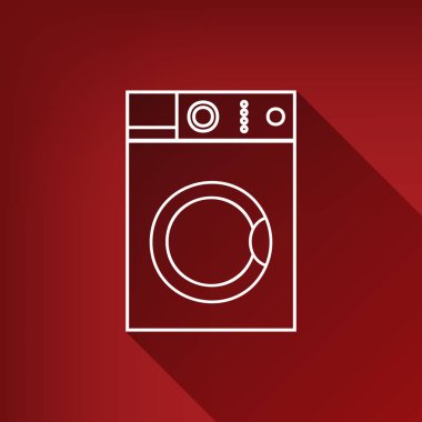 Çamaşır makinesi işareti. Vektör. Yakut kırmızı arka plan, sınırsız gölge beyaz simgesi.