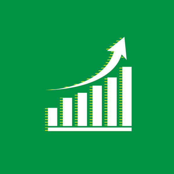 Growing graph sign. Vector. White flat icon with yellow striped shadow at green background.
