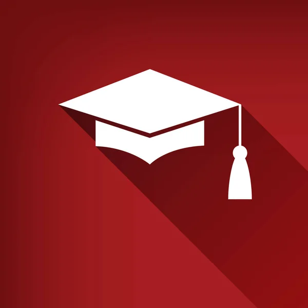 モルタル ボードまたは卒業の帽子 教育のシンボル ベクトル ルビーの赤い背景に無限の影のついた白いアイコン — ストックベクタ