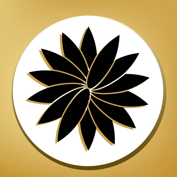 花的标志 黑色图标与浅棕色阴影在白色圈子与形状圆环在金黄背景 — 图库矢量图片