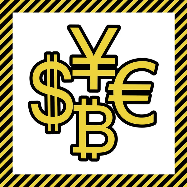 货币符号收集美元 比特币 温暖的黄色图标与黑色轮廓的框架命名为正在建设中的白色背景 — 图库矢量图片