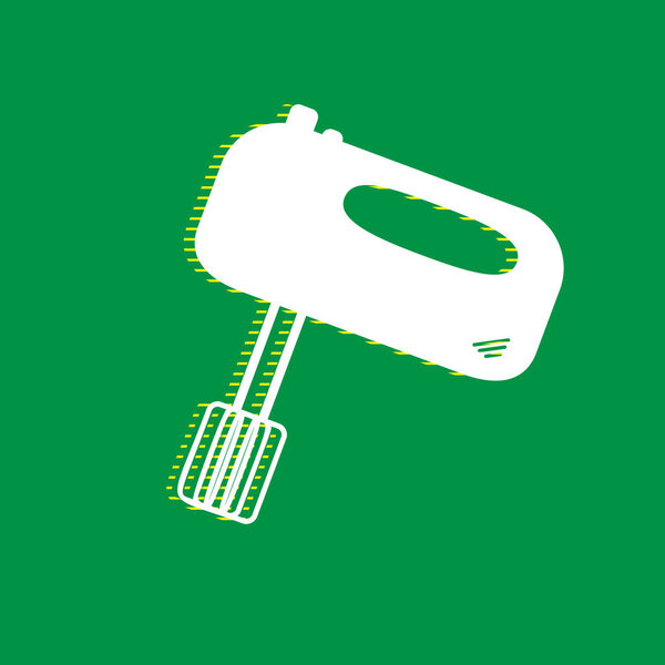 Kitchen mixer sign. Vector. White flat icon with yellow striped shadow at green background.