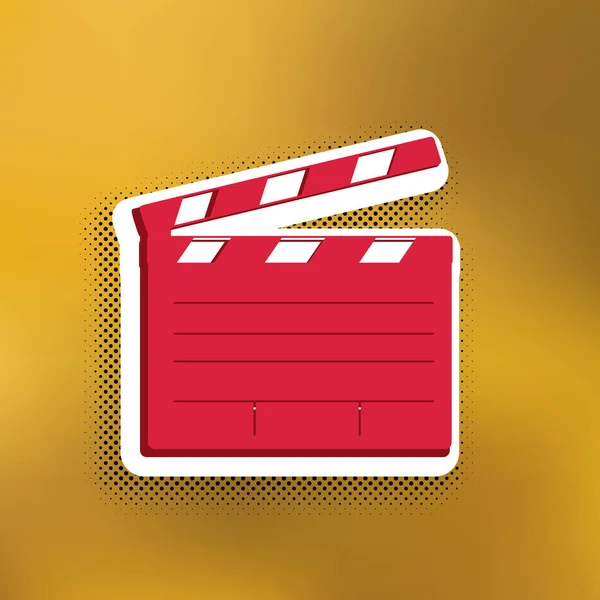电影拍手板电影标志 洋红色图标与较深的阴影 白色贴纸和黑色的流行阴影在金色的背景 — 图库矢量图片