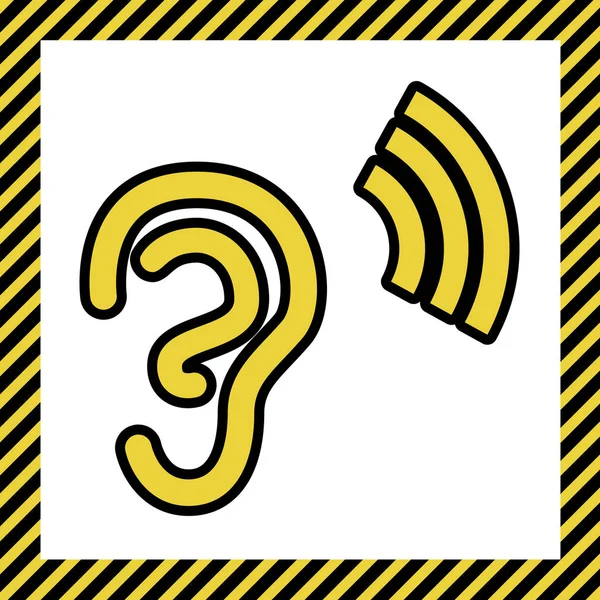 人体解剖学 带有声波的耳标志 温暖的黄色图标与黑色轮廓的框架命名为正在建设中的白色背景 — 图库矢量图片