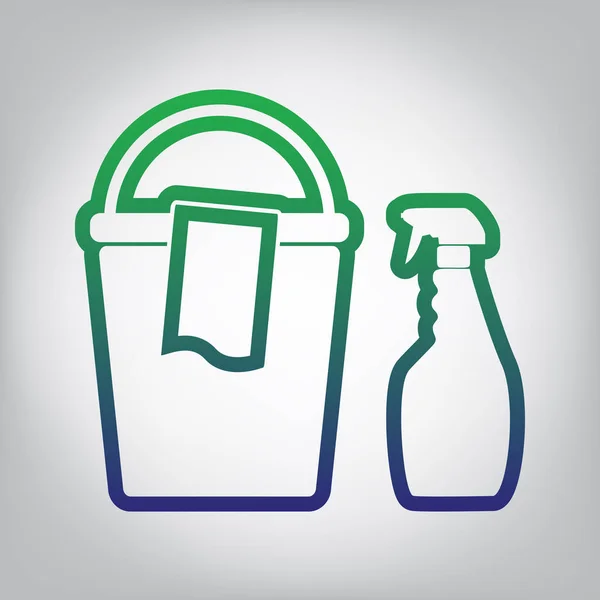 Eimer Und Lappen Mit Chemischen Haushaltsflaschen Vektor Grüne Bis Blaue — Stockvektor