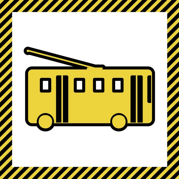 トロリーバスの標識です ベクトル 白い背景で建設中 という名前のフレームに黒の輪郭を持つ温かみのある黄色のアイコン 分離されました — ストックベクタ