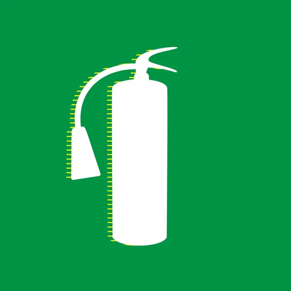 Fire extinguisher sign. Vector. White flat icon with yellow striped shadow at green background.