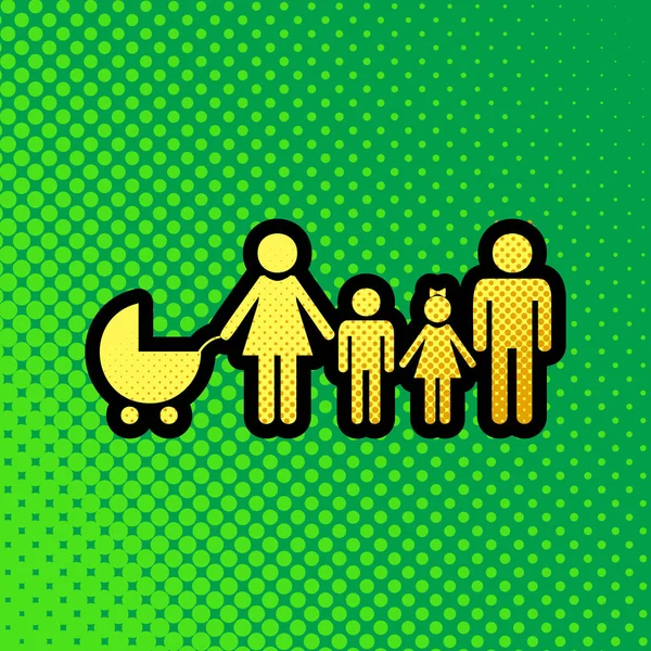 家族サイン イラスト ベクトル 緑の背景に黒い輪郭に黄色のドット グラデーション アイコンをオレンジ ポップアートします — ストックベクタ