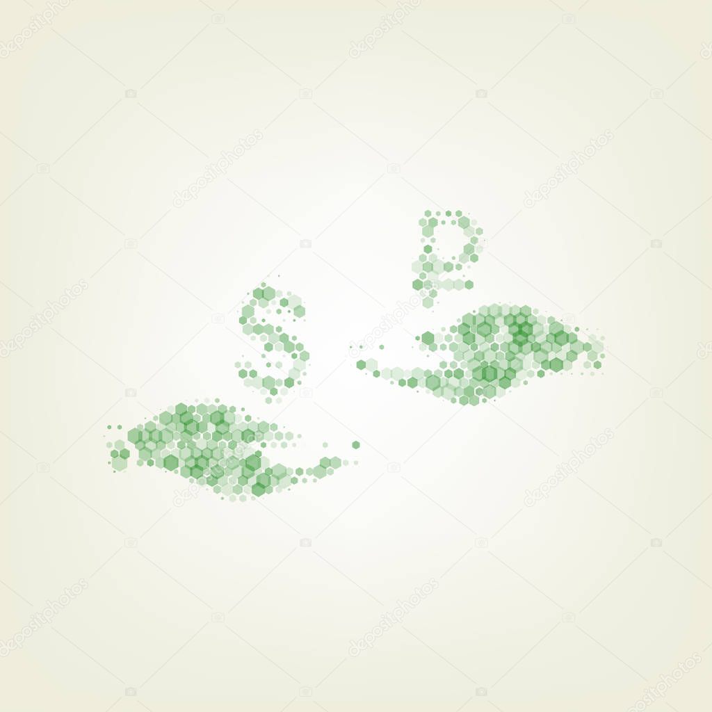 Currency exchange from hand to hand. Dollar and Ruble. Vector. Green hexagon rastered icon and noised opacity and size at light green background with central light.