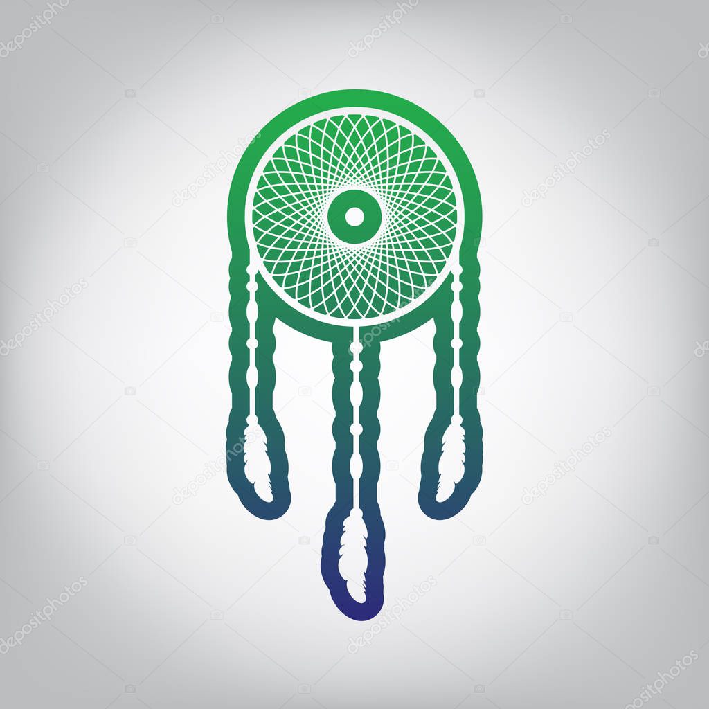 Dream catcher sign. Vector. Green to blue gradient contour icon at grayish background with light in center.